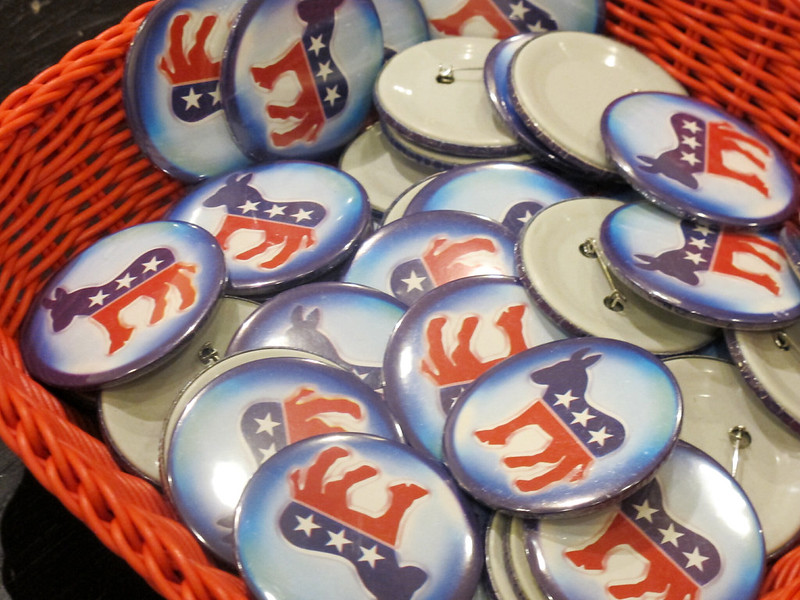 Lapel buttons with stylized Democratic party donkey symbol (by U.S. Consulate General Barcelona, CC BY-NC 2.0, courtesy of GPA Photo Archive via Flickr)