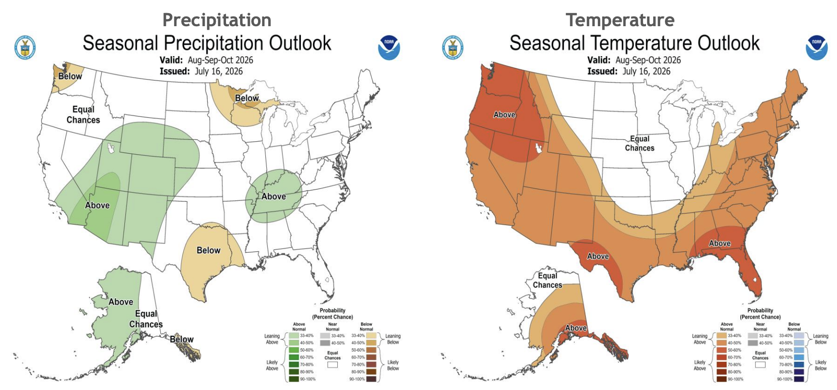 United States Seasonal Outlooks: August - October 2026, from "ENSO: Recent Evolution, Current Status and Predictions" presentation, 10 August 2026, prepared by Climate Prediction Center | NCEP (via NOAA website, public domain).