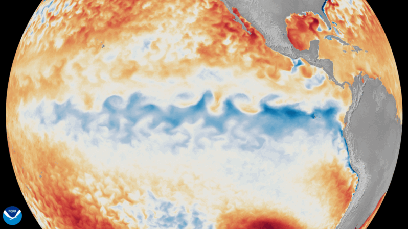 An animation using a globe depicting changes in sea surface temperatures (red for warmer, blue for cooler) in tropical Pacific Ocean. An animation of the change in sea surface temperature departures from average in the tropical Pacific Ocean, from January 1 through June 8, 2026. (Image credit: NOAA Satellites)